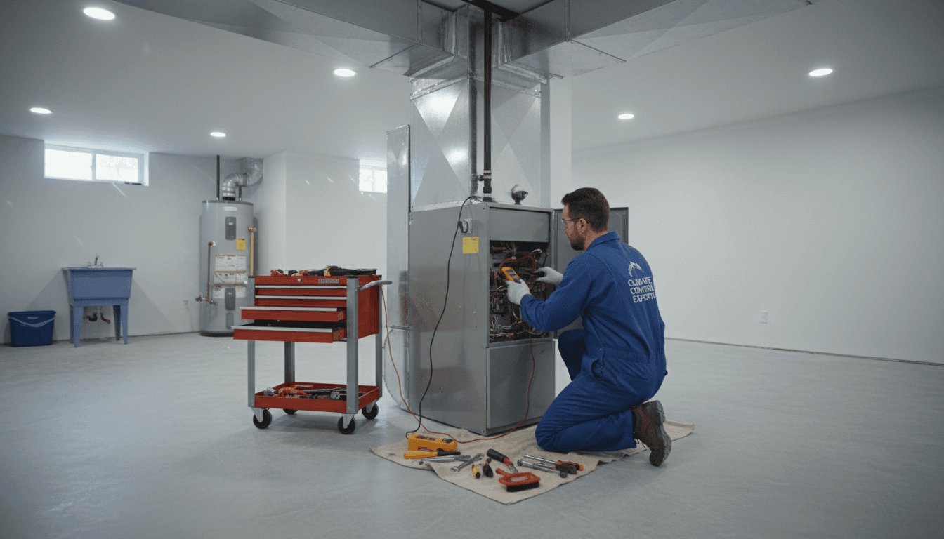 Professional HVAC technician repairing a furnace with tools in a home basement