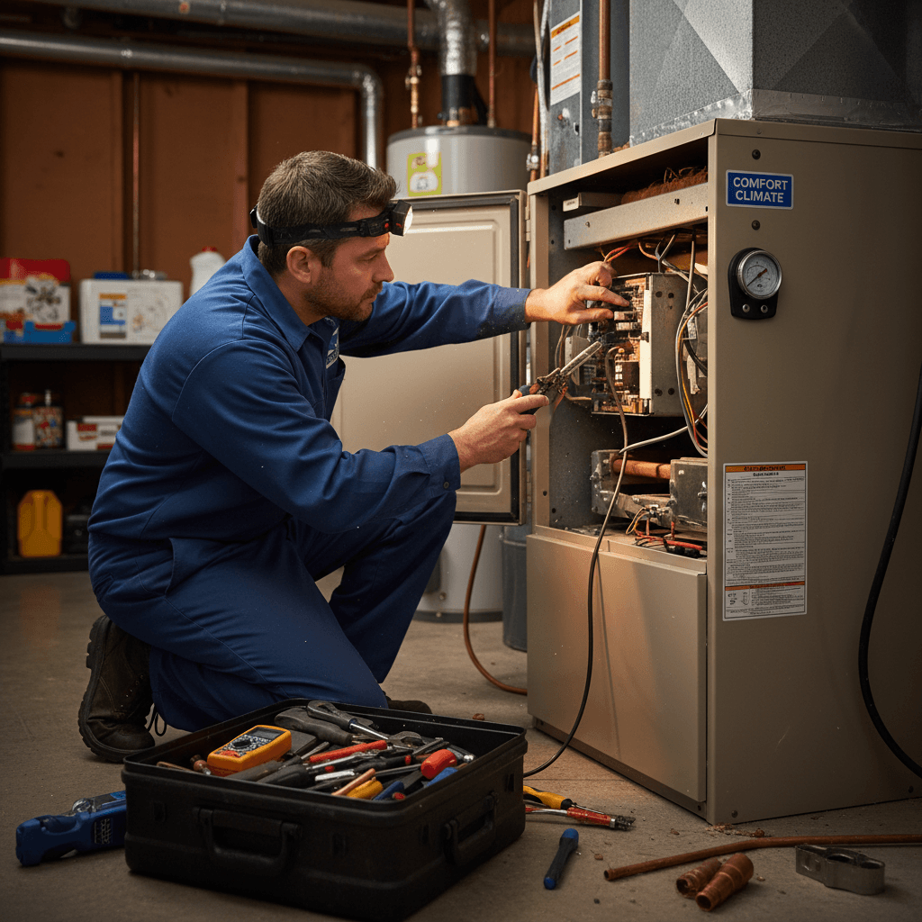 HVAC technician using tools to repair a furnace