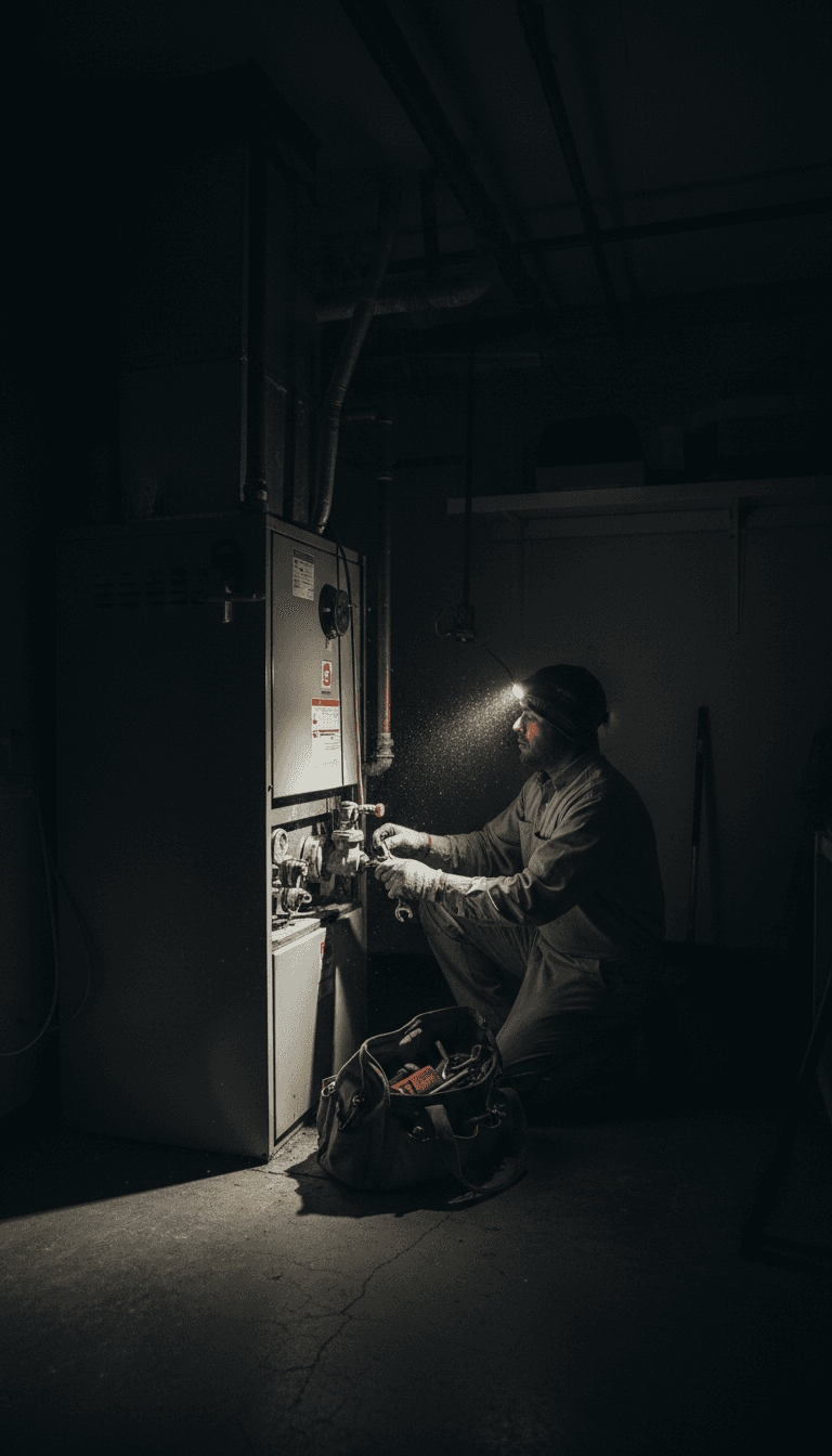 HVAC technician inspecting a furnace in a dim residential basement at night