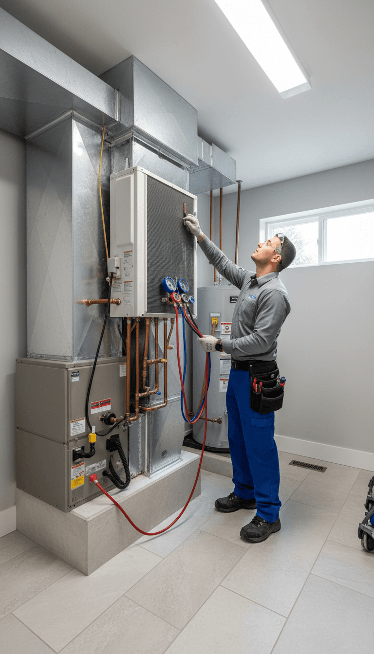 HVAC technician inspecting refrigerant lines and coil in a home utility room