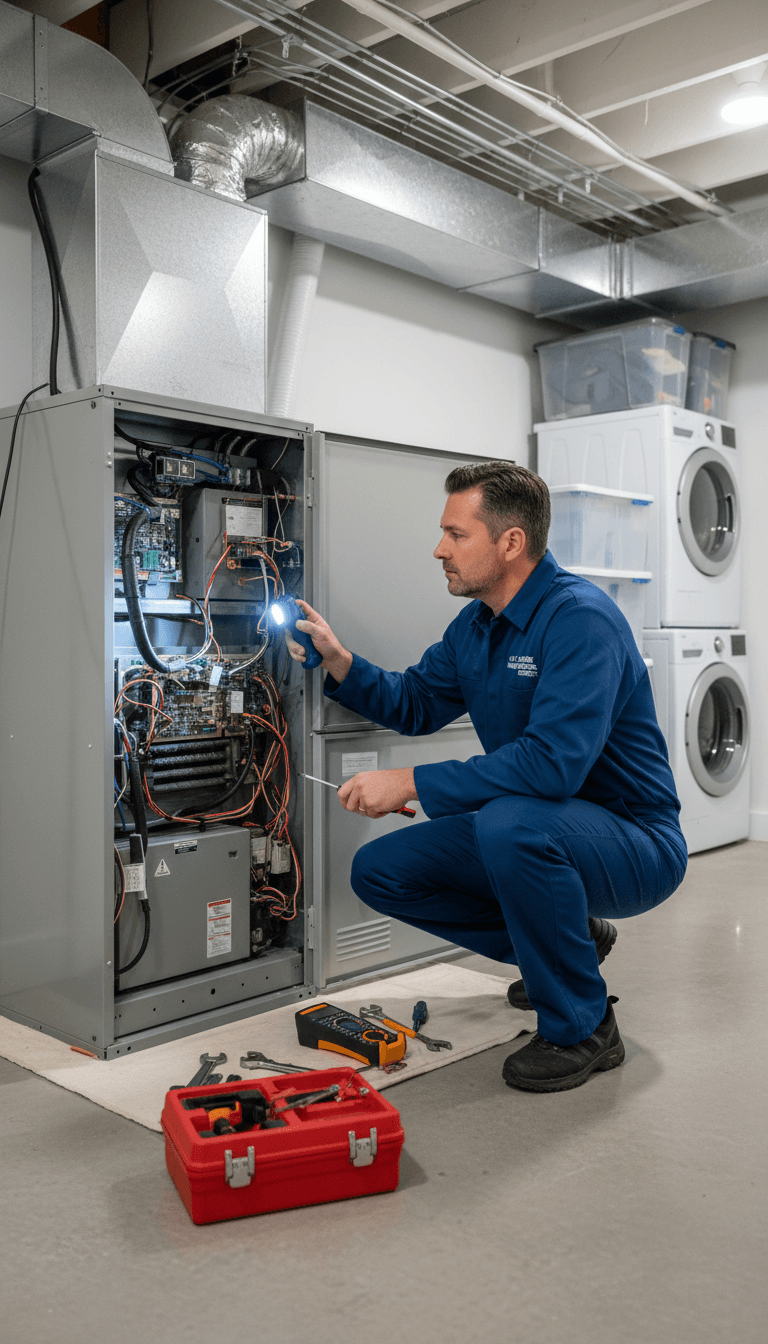 HVAC technician repairing a furnace in a residential basement