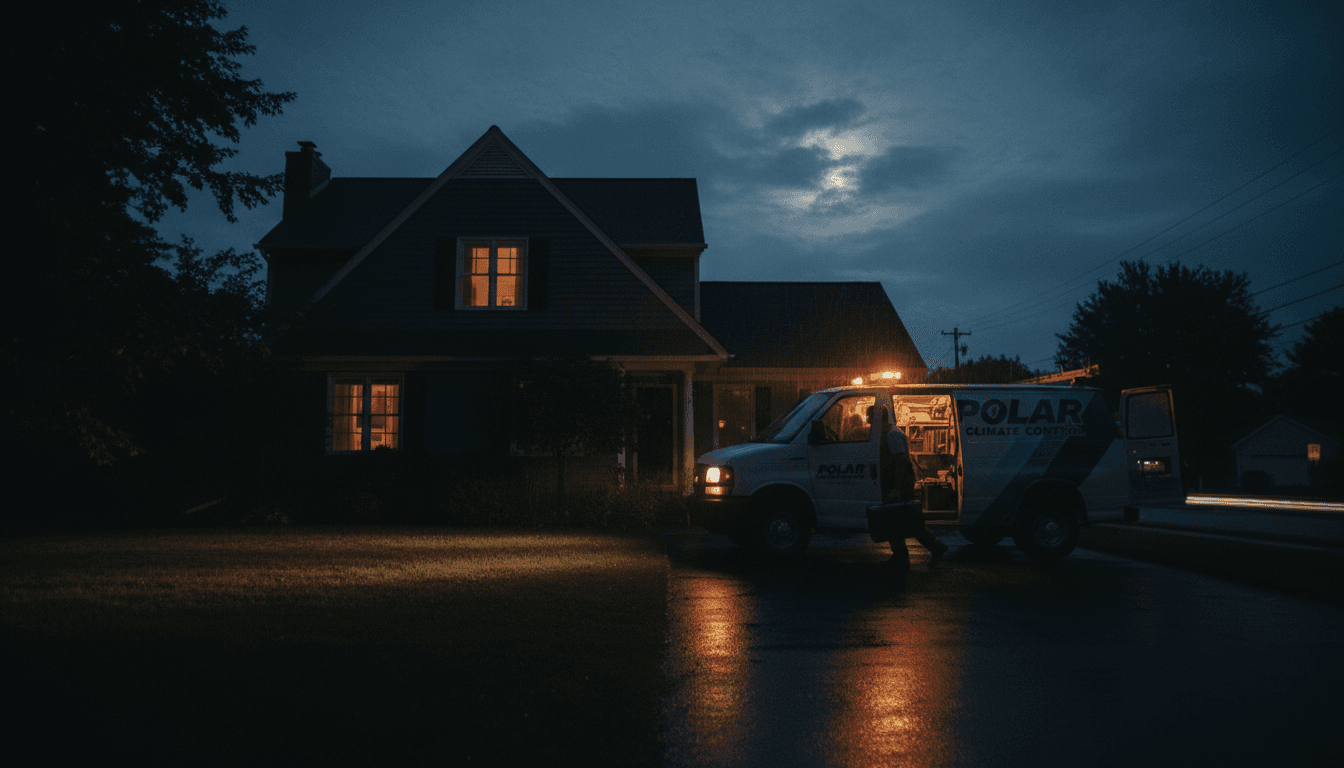 HVAC service van in driveway at night with warm porch light