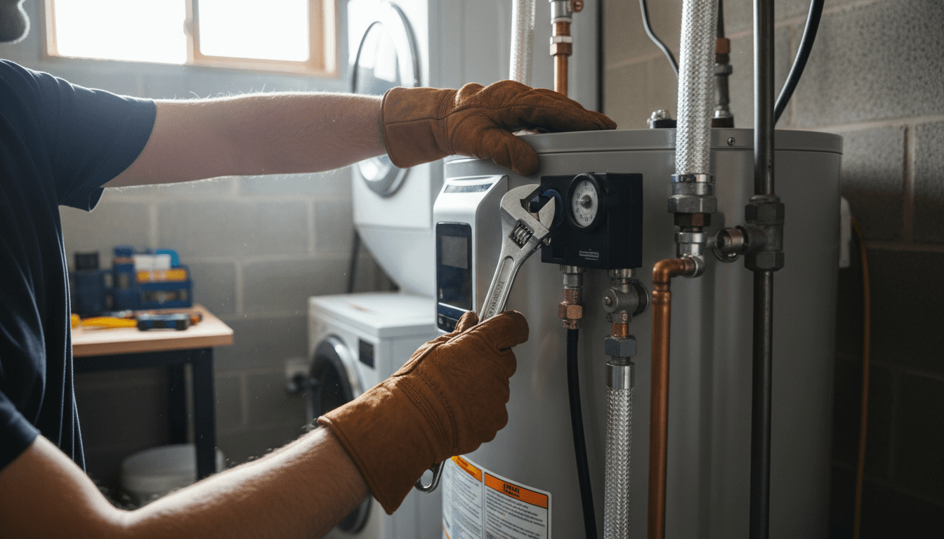 Technician hands adjusting a water heater thermostat with a wrench