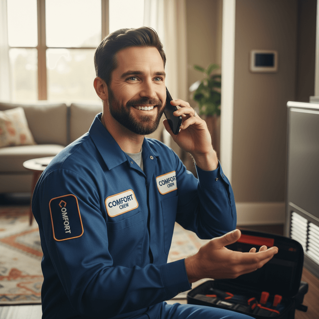 HVAC technician speaking on phone in a customer's home