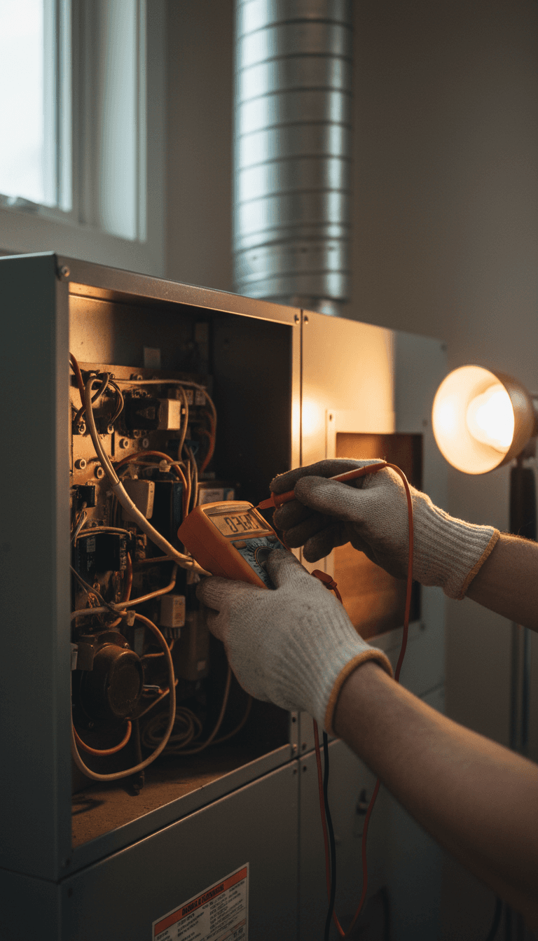 HVAC technician testing furnace wiring with a multimeter