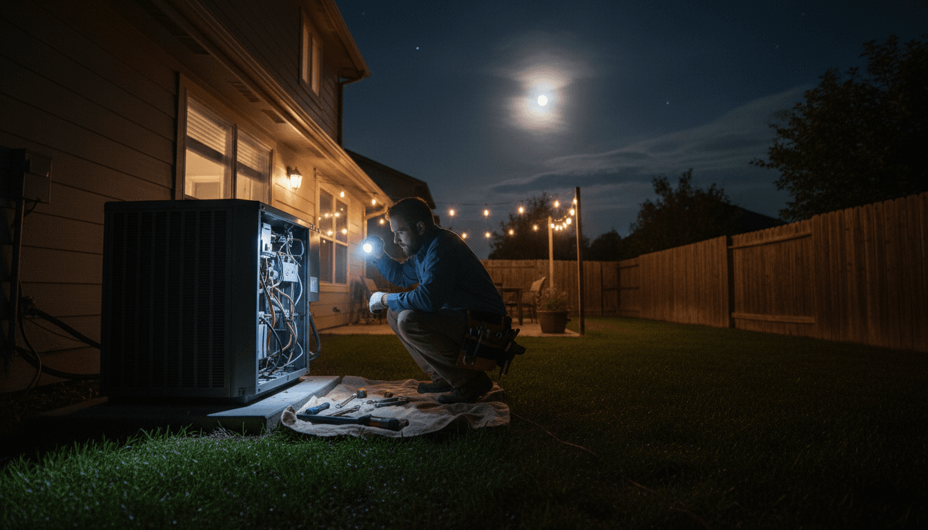 HVAC technician repairing an air conditioning unit outdoors at night with a flashlight