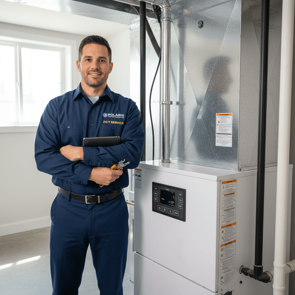 J.D.S technician standing beside a furnace with inspection tools in hand