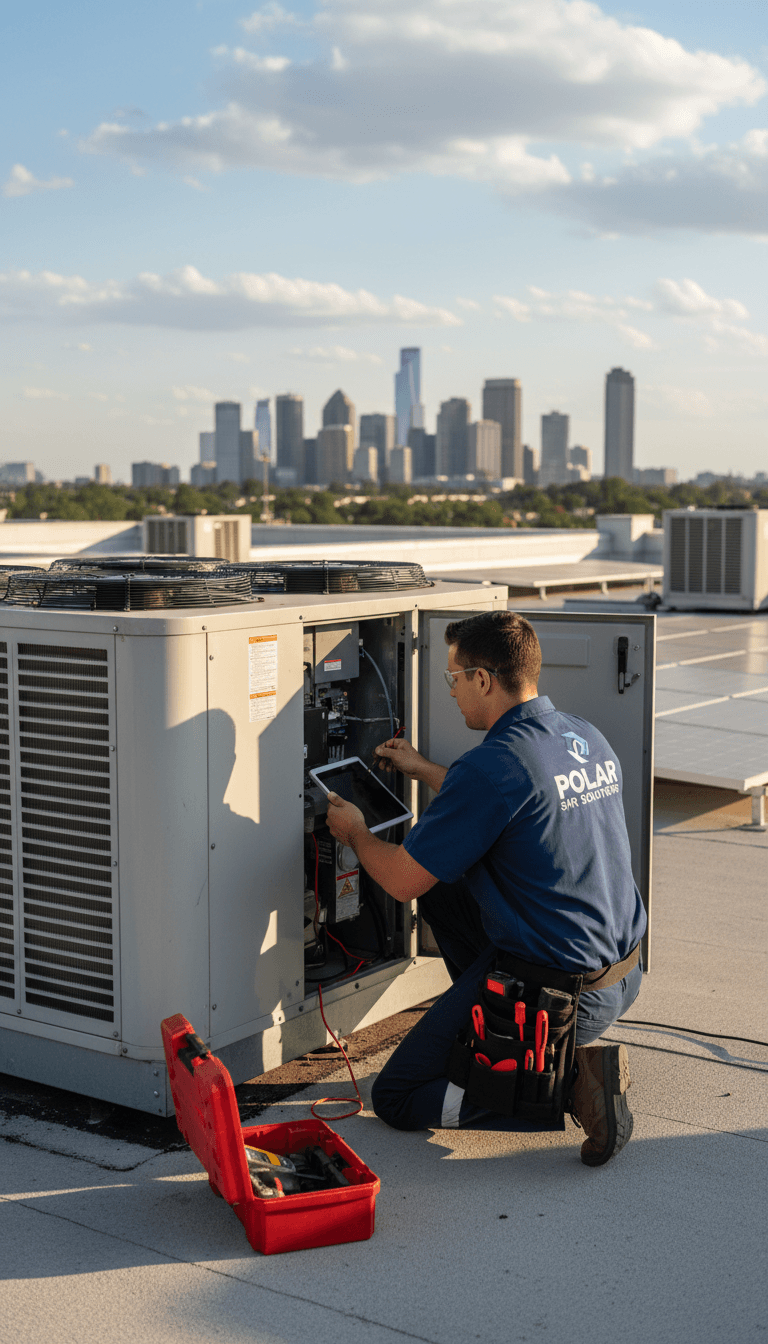 HVAC technician inspecting a rooftop unit with tools