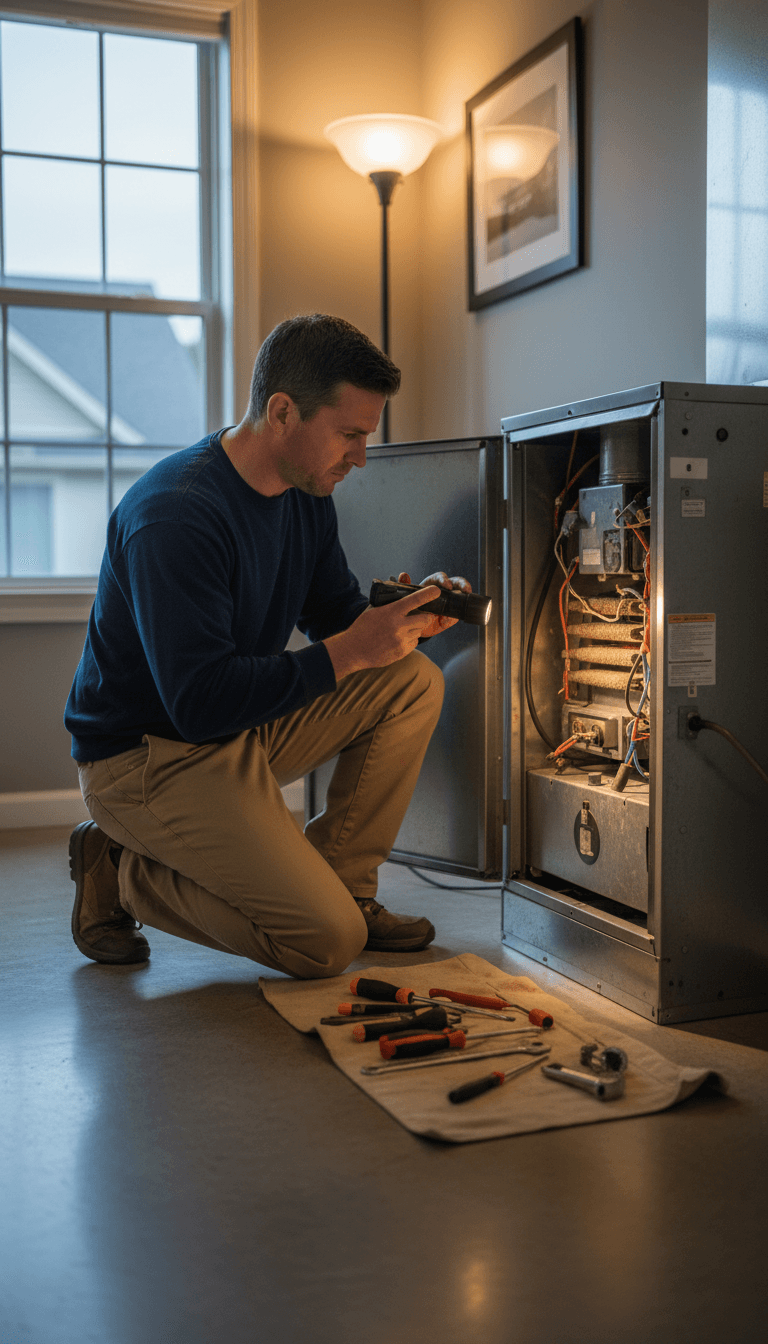 HVAC technician inspecting a furnace at dusk