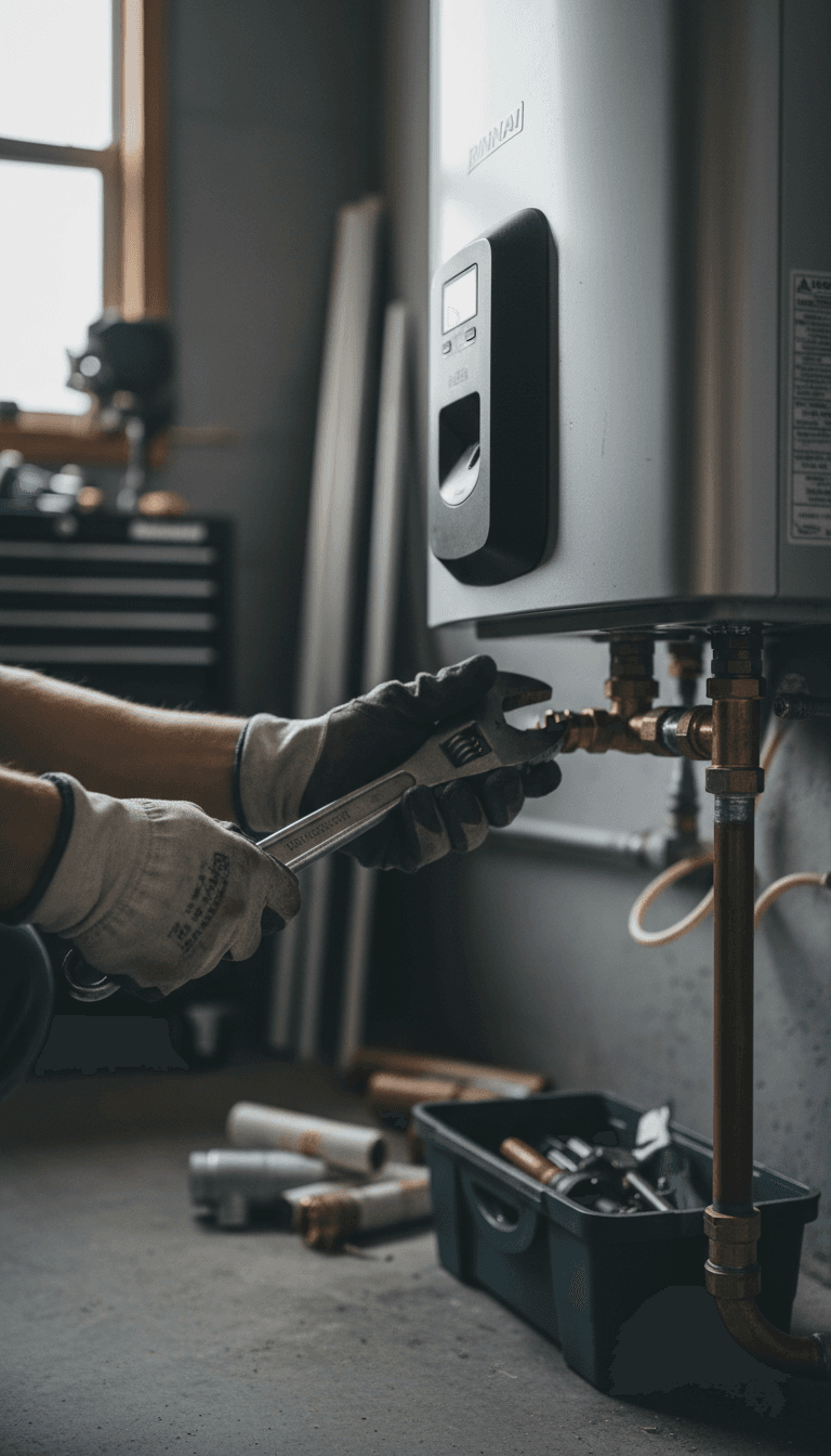 Technician's hands tightening a fitting on a modern water heater