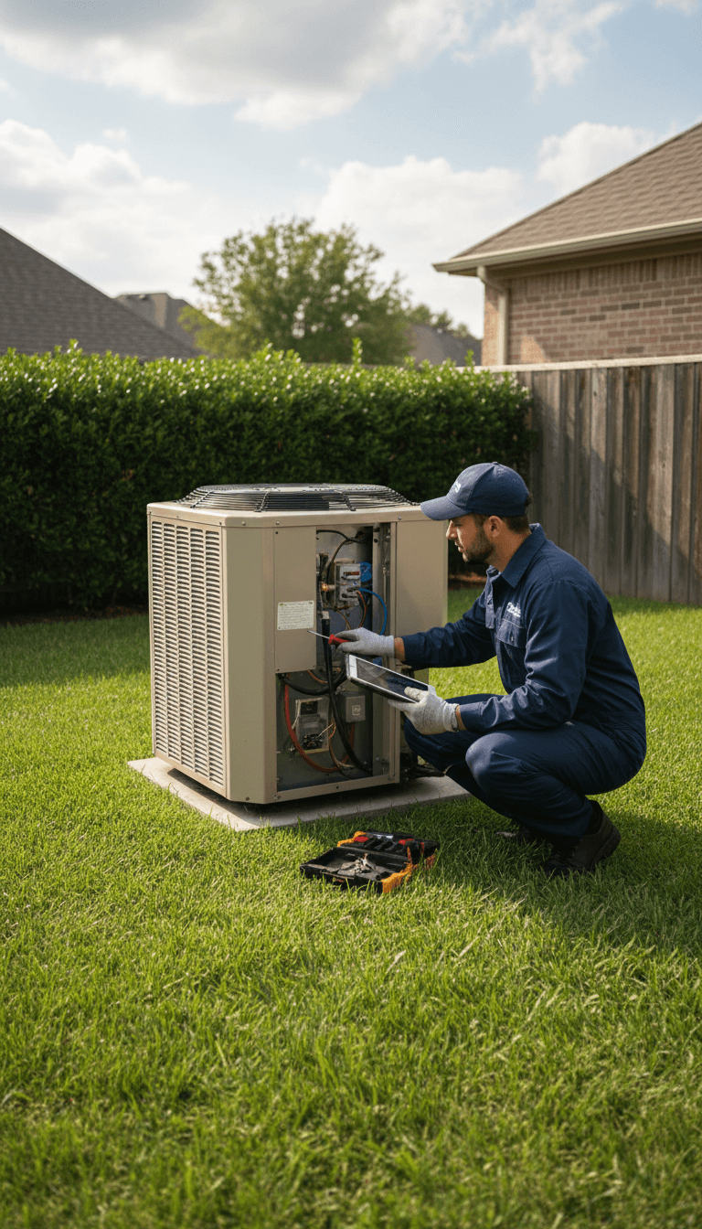 Technician inspecting an air conditioning unit in a residential yard