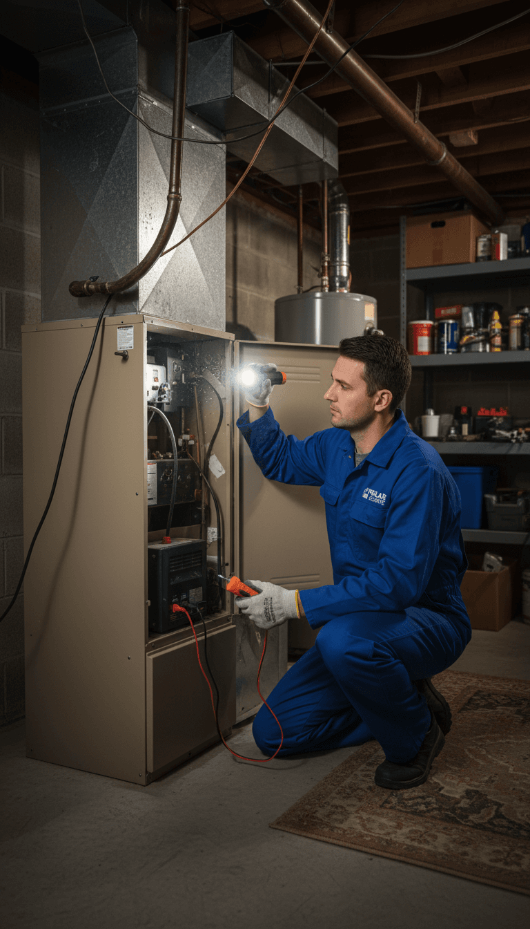 HVAC technician inspecting a furnace with a flashlight