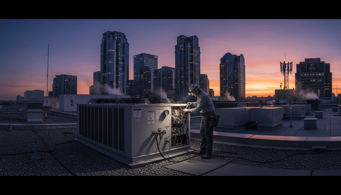 Technician in work clothes repairing a commercial HVAC unit on a rooftop at dusk