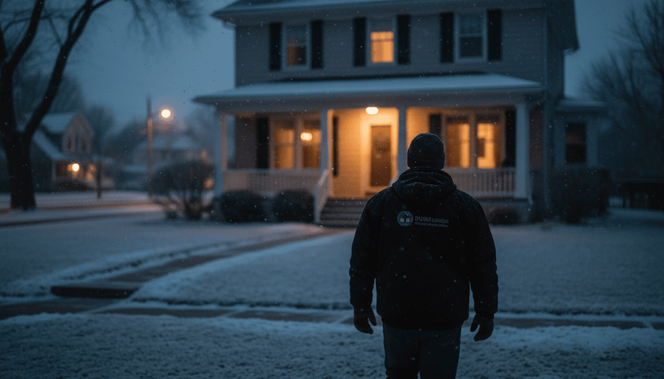 HVAC technician approaching a suburban home at night in winter