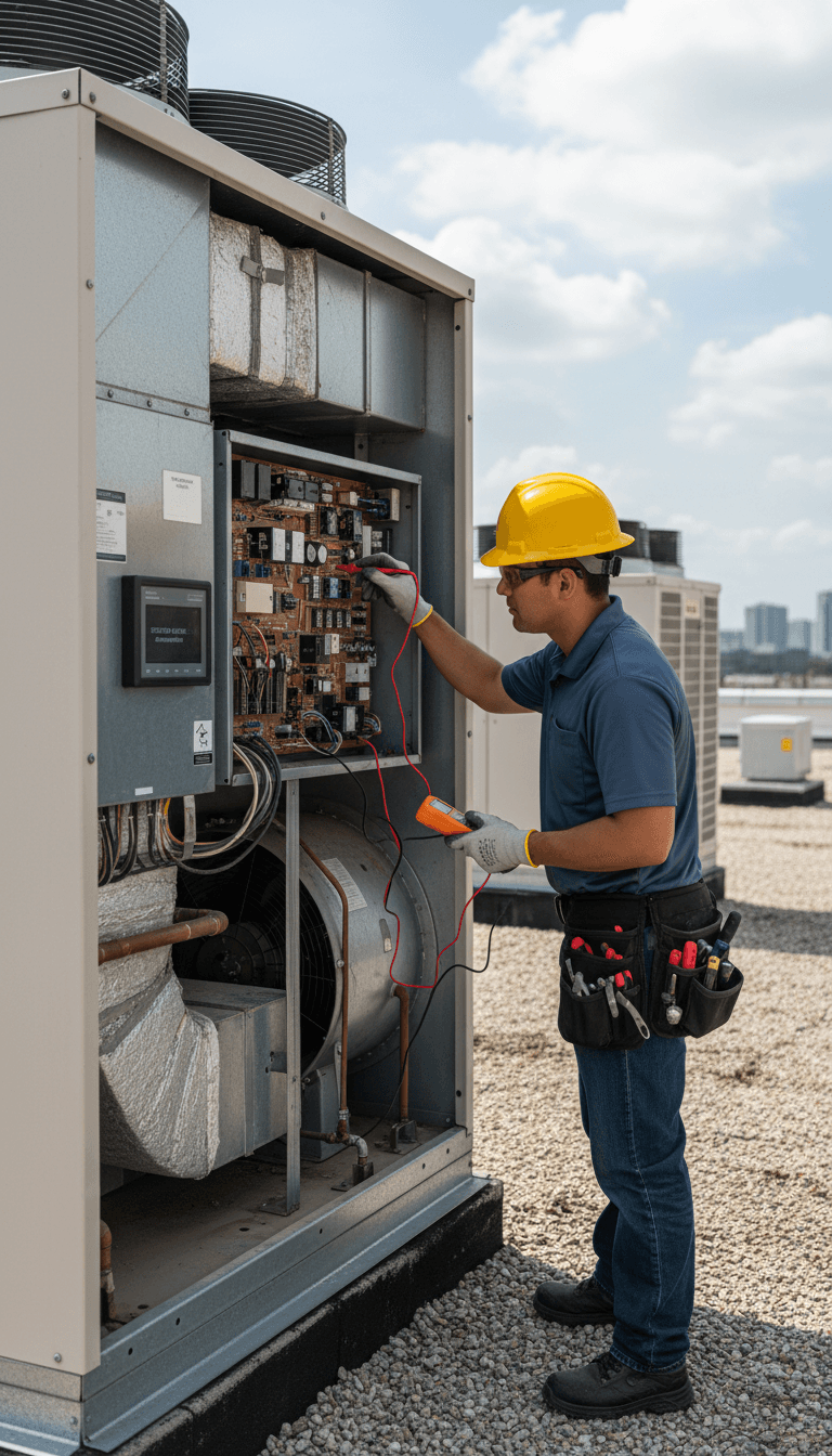 HVAC technician inspecting the control board inside a commercial rooftop unit