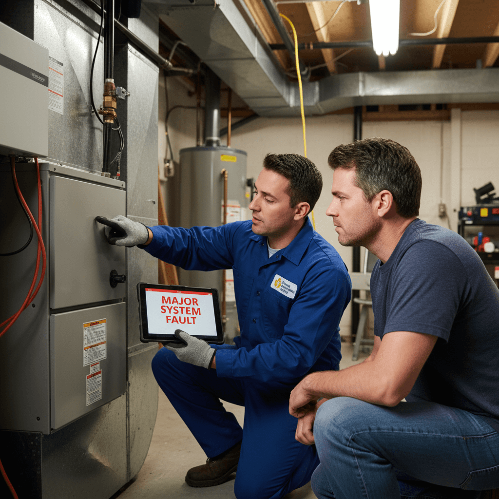 HVAC technician explaining furnace issue to homeowner