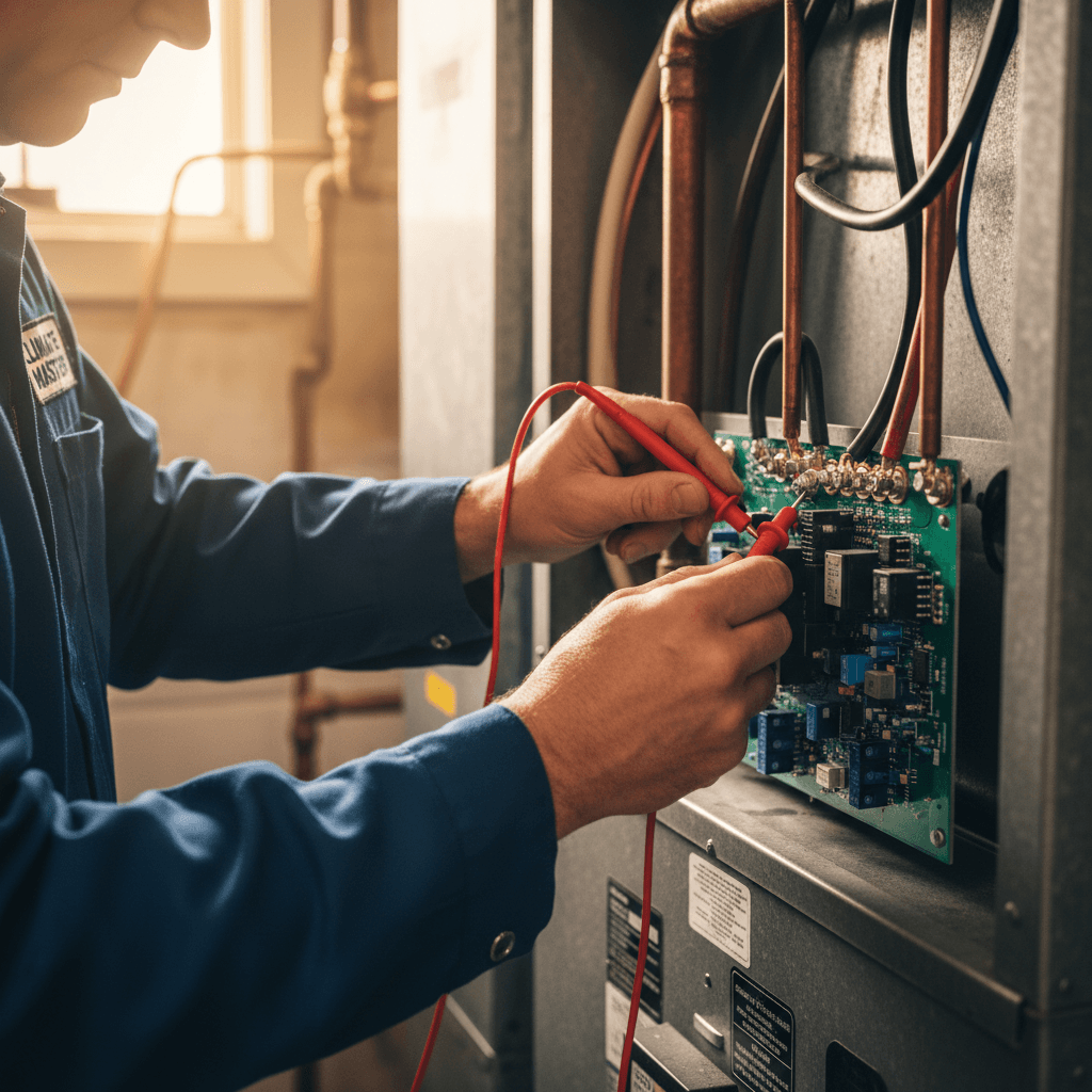 HVAC technician's hands using multimeter to test furnace control board electrical connections