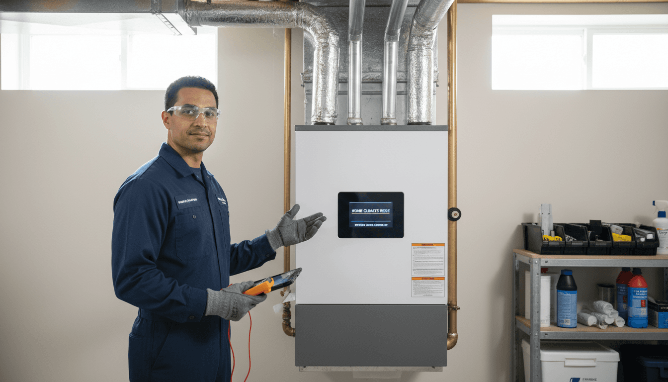 Certified HVAC technician in uniform standing confidently before residential furnace system, holding diagnostic tools in modern basement