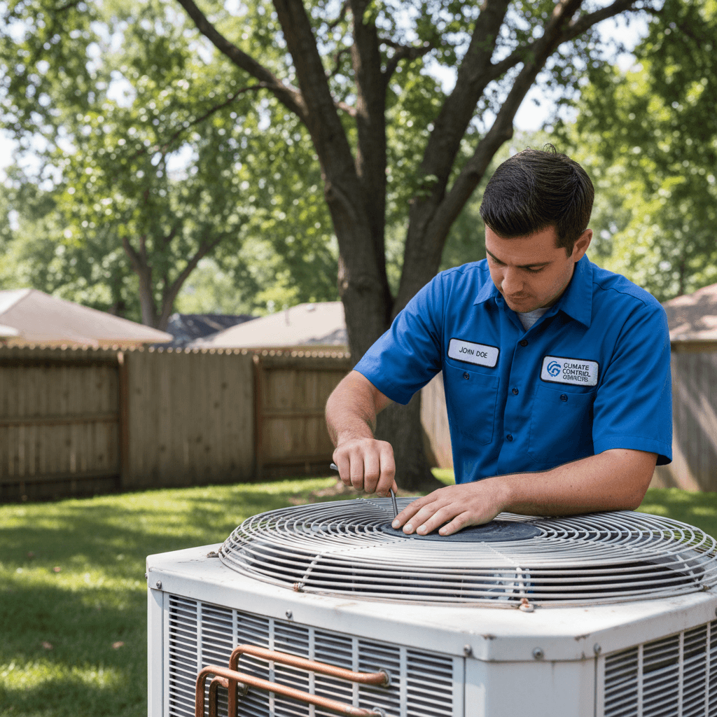 HVAC technician adjusting outdoor air conditioning condenser unit in residential backyard with tool