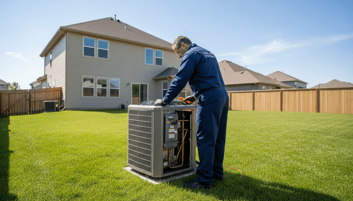Professional HVAC technician servicing an outdoor air conditioning unit in a residential backyard