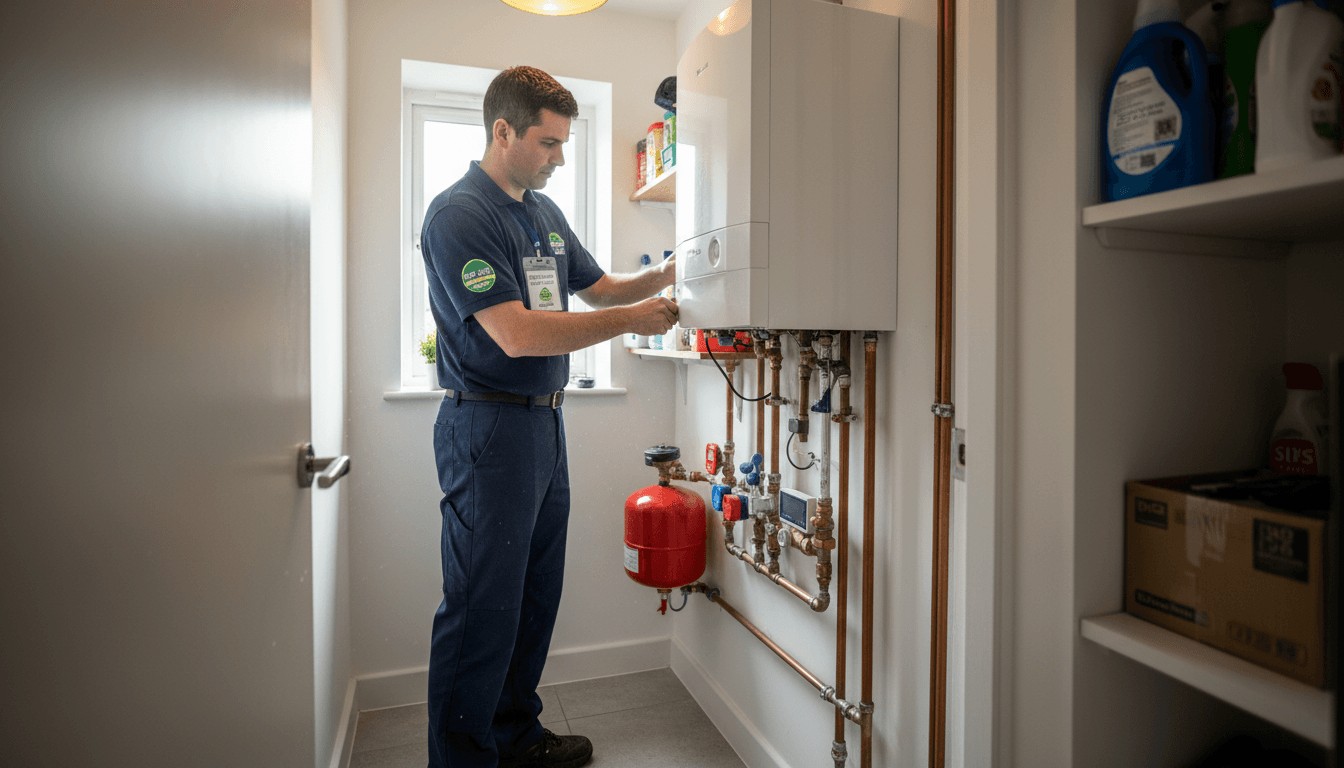 Professional heating engineer installing new condensing boiler system in residential home utility room