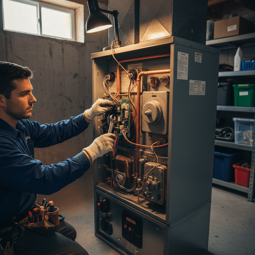 HVAC technician's hands repairing furnace components with precision tools in residential basement setting