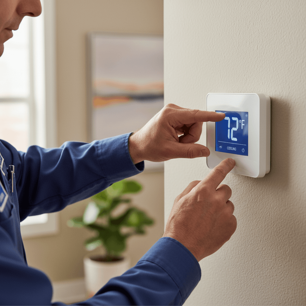 HVAC technician in blue uniform adjusting a modern smart thermostat on residential wall with natural lighting