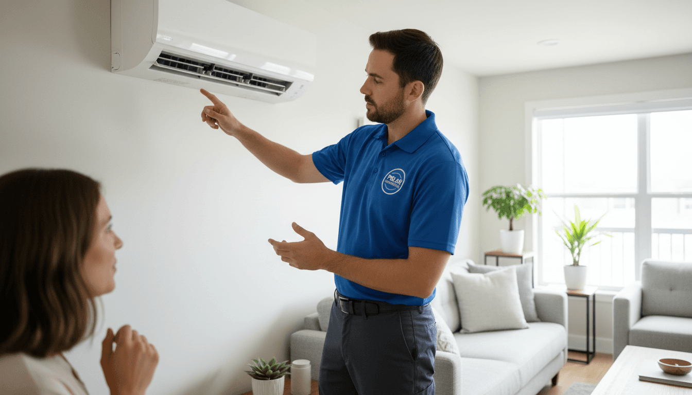 HVAC technician in uniform explaining ductless mini-split air conditioning system components to attentive homeowner in modern living room