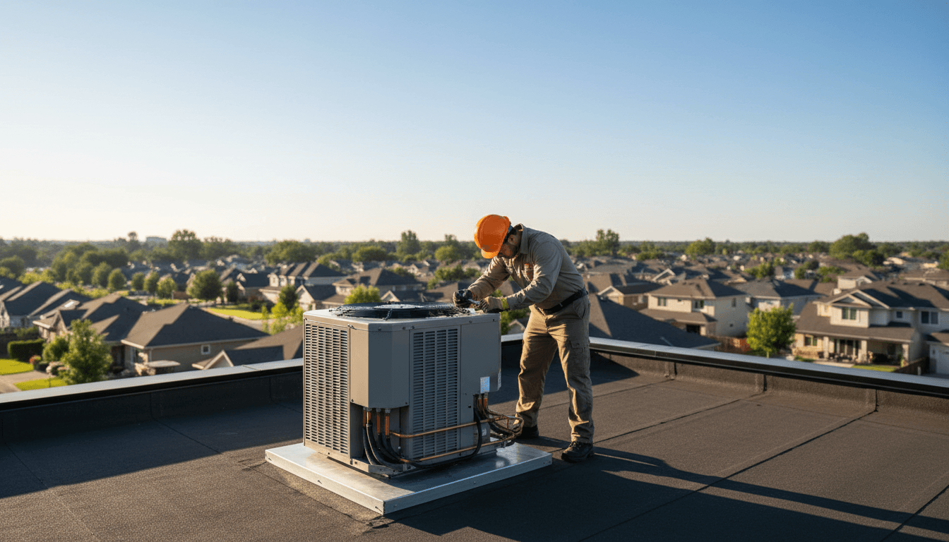HVAC technician servicing outdoor air conditioning condenser unit on residential rooftop under bright sunlight